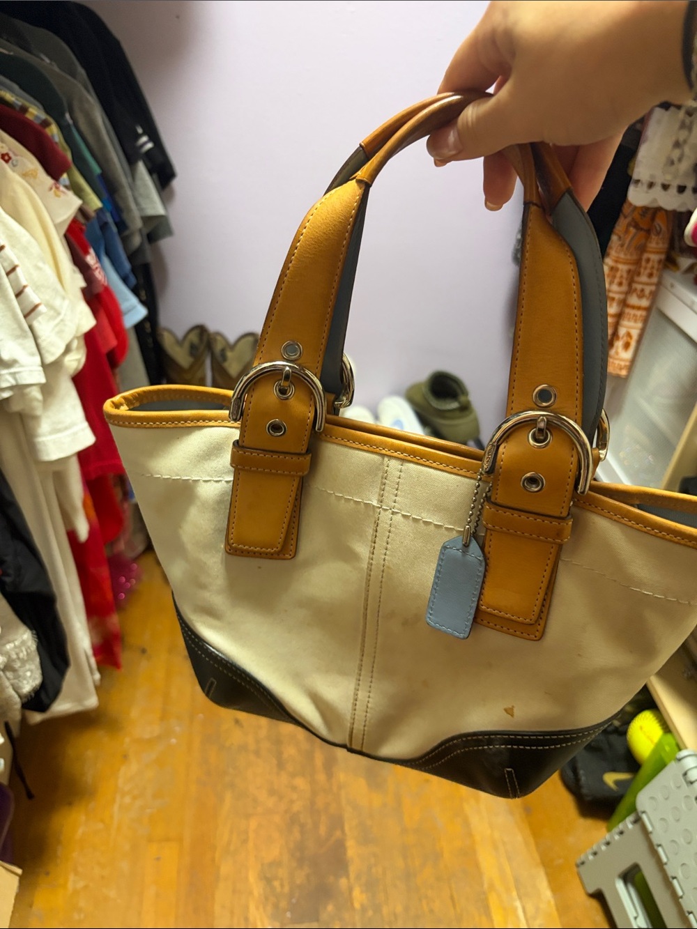 VINTAGE COACH Canvas & Leather Tote Bag in Cream and Tan